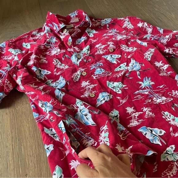 Caribbean Red Hawaiian Palm Leaves Tress 3 Pockets Zip Cotton Blend Men's Shirt - Picture 4 of 9